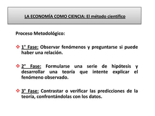 LA ECONOMÍA COMO CIENCIA: El método científico


Proceso Metodológico:

 1° Fase: Observar fenómenos y preguntarse si puede
  haber una relación.

 2° Fase: Formularse una serie de hipótesis y
  desarrollar una teoría que intente explicar el
  fenómeno observado.

 3° Fase: Contrastar o verificar las predicciones de la
  teoría, confrontándolas con los datos.
 