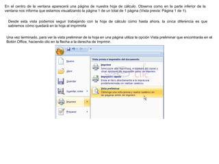 En el centro de la ventana aparecerá una página de nuestra hoja de cálculo. Observa como en la parte inferior de la ventana nos informa que estamos visualizando la página 1 de un total de 1 página (Vista previa: Página 1 de 1).  Desde esta vista podemos seguir trabajando con la hoja de cálculo como hasta ahora, la única diferencia es que sabremos cómo quedará en la hoja al imprimirla  Una vez terminado, para ver la vista preliminar de la hoja en una página utiliza la opción Vista preliminar que encontrarás en el Botón Office, haciendo clic en la flecha a la derecha de Imprimir.  