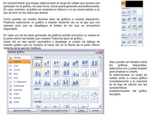 Es recomendable que tengas seleccionado el rango de celdas que quieres que participen en el gráfico, de esta forma, Excel podrá generarlo automáticamente. En caso contrario, el gráfico se mostrará en blanco o no se creará debido a un tipo de error en los datos que solicita.    Como puedes ver existen diversos tipos de gráficos a nuestra disposición. Podemos seleccionar un gráfico a insertar haciendo clic en el tipo que nos interese para que se despliegue el listado de los que se encuentran disponibles.   En cada uno de los tipos generales de gráficos podrás encontrar un enlace en la parte inferior del listado que muestra Todos los tipos de gráfico...  Hacer clic en esa opción equivaldría a desplegar el cuadro de diálogo de Insertar gráfico que se muestra al hacer clic en la flecha de la parte inferior derecha de la sección Gráficos.  Aquí puedes ver listados todos los gráficos disponibles, selecciona uno y pulsa Aceptar para empezar a crearlo. Si seleccionaste un rango de celdas verás tu nuevo gráfico inmediatamente y lo insertará en la hoja de cálculo con las características predeterminadas del gráfico escogido.  