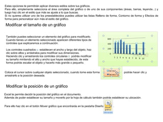 Estas opciones te permitirán aplicar diversos estilos sobre tus gráficos. Para ello, simplemente selecciona el área completa del gráfico o de uno de sus componentes (áreas, barras, leyenda...) y luego haz clic en el estilo que más se ajuste a lo que buscas. Si no quieres utilizar uno de los preestablecidos puedes utilizar las listas Relleno de forma, Contorno de forma y Efectos de forma para personalizar aún más el estilo del gráfico. Modificar el tamaño de un gráfico  También puedes seleccionar un elemento del gráfico para modificarlo. Cuando tienes un elemento seleccionado aparecen diferentes tipos de controles que explicaremos a continuación:                                                       Los controles cuadrados    establecen el ancho y largo del objeto, haz clic sobre ellos y arrástralos para modificar sus dimensiones. Haciendo clic y arrastrando los controles circulares    podrás modificar su tamaño mintiendo el alto y ancho que hayas establecido, de esta forma podrás escalar el objeto y hacerlo más grande o pequeño. Coloca el cursor sobre cualquier objeto seleccionado, cuando tome esta forma                       podrás hacer clic y arrastrarlo a la posición deseada.  Modificar la posición de un gráfico  Excel te permite decidir la posición del gráfico en el documento. Además de poder establecer su tamaño y moverlo por la hoja de cálculo también podrás establecer su ubicación. Para ello haz clic en el botón Mover gráfico que encontrarás en la pestaña Diseño            .  