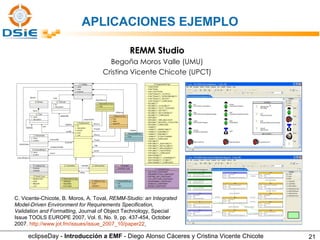 REMM Studio Begoña Moros Valle (UMU) Cristina Vicente Chicote (UPCT) C. Vicente-Chicote, B. Moros, A. Toval,  REMM-Studio: an Integrated Model-Driven Environment for Requirements Specification, Validation and Formatting , Journal of Object Technology, Special Issue TOOLS EUROPE 2007, Vol. 6, No. 9, pp. 437-454, October 2007.  http://www.jot.fm/issues/issue_2007_10/paper22   APLICACIONES EJEMPLO eclipseDay -  Introducción a EMF  - Diego Alonso Cáceres y Cristina Vicente Chicote 