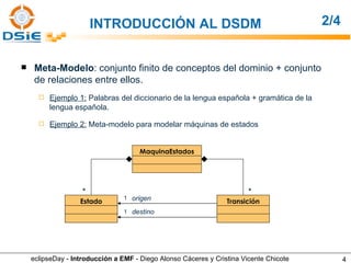 Meta-Modelo : conjunto finito de conceptos del dominio + conjunto de relaciones entre ellos. Ejemplo 1:  Palabras del diccionario de la lengua española + gramática de la lengua española. Ejemplo 2:  Meta-modelo para modelar máquinas de estados * * 1 1 origen destino INTRODUCCIÓN AL DSDM 2/4 eclipseDay -  Introducción a EMF  - Diego Alonso Cáceres y Cristina Vicente Chicote Estado Transición MaquinaEstados 