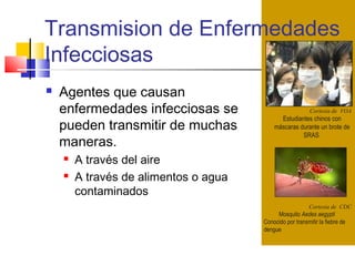 Transmision de Enfermedades
Infecciosas
Cortesia de VOA
Estudiantes chinos con
máscaras durante un brote de
SRAS
Cortesia de CDC
Mosquito Aedes aegypti
Conocido por transmitir la fiebre de
dengue
 Agentes que causan
enfermedades infecciosas se
pueden transmitir de muchas
maneras.
 A través del aire
 A través de alimentos o agua
contaminados
 