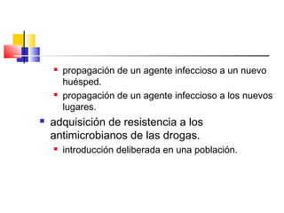  propagación de un agente infeccioso a un nuevo
huésped.
 propagación de un agente infeccioso a los nuevos
lugares.
 adquisición de resistencia a los
antimicrobianos de las drogas.
 introducción deliberada en una población.
 