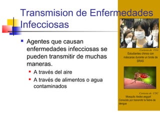 Transmision de Enfermedades
Infecciosas
Cortesia de VOA
Estudiantes chinos con
máscaras durante un brote de
SRAS
Cortesia de CDC
Mosquito Aedes aegypti
Conocido por transmitir la fiebre de
dengue
 Agentes que causan
enfermedades infecciosas se
pueden transmitir de muchas
maneras.
 A través del aire
 A través de alimentos o agua
contaminados
 