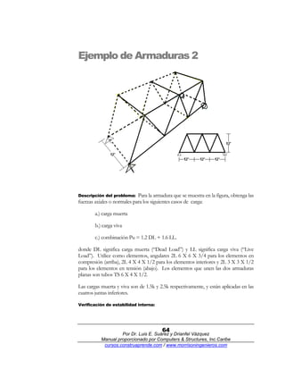 Ejemplo de Armaduras 2
Descripción del problema: Para la armadura que se muestra en la figura, obtenga las
fuerzas axiales...