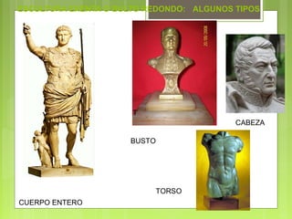 ESCULTURA EXENTA O BULTO REDONDO: ALGUNOS TIPOS
CABEZA
BUSTO
TORSO
T
CUERPO ENTERO
 