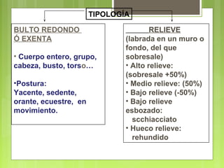 TIPOLOGÍA
BULTO REDONDO
Ó EXENTA
• Cuerpo entero, grupo,
cabeza, busto, torso…
•Postura:
Yacente, sedente,
orante, ecuestre, en
movimiento.
RELIEVE
(labrada en un muro o
fondo, del que
sobresale)
• Alto relieve:
(sobresale +50%)
• Medio relieve: (50%)
• Bajo relieve (-50%)
• Bajo relieve
esbozado:
scchiacciato
• Hueco relieve:
rehundido
 