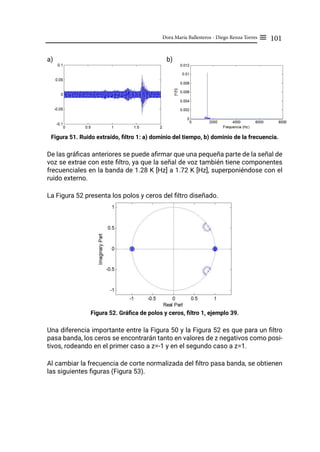 101
Dora María Ballesteros - Diego Renza Torres ≡
a)					 b)
Figura 51. Ruido extraído, filtro 1: a) dominio del tiempo, b) dominio de la frecuencia.
De las gráficas anteriores se puede afirmar que una pequeña parte de la señal de
voz se extrae con este filtro, ya que la señal de voz también tiene componentes
frecuenciales en la banda de 1.28 K [Hz] a 1.72 K [Hz], superponiéndose con el
ruido externo.
La Figura 52 presenta los polos y ceros del filtro diseñado.
Figura 52. Gráfica de polos y ceros, filtro 1, ejemplo 39.
Una diferencia importante entre la Figura 50 y la Figura 52 es que para un filtro
pasa banda, los ceros se encontrarán tanto en valores de z negativos como posi-
tivos, rodeando en el primer caso a z=-1 y en el segundo caso a z=1.
Al cambiar la frecuencia de corte normalizada del filtro pasa banda, se obtienen
las siguientes figuras (Figura 53).
 