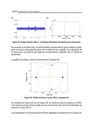 Introducción a los Filtros Digitales
102≡
a)				 b)
Figura 53. Ruido extraído, filtro 2: a) dominio del tiempo, b) dominio de la frecuencia.
De acuerdo a la Figura 53a, la señal filtrada corresponde en gran medida a ruido,
pero conserva una pequeña parte de la señal de voz original. En el dominio de
la frecuencia se aprecia que algunas componentes alrededor de 3.5 K[Hz] se
conservan.
La gráfica de polos y ceros se presenta en la Figura 54.
Figura 54. Gráfica de polos y ceros, filtro 2, ejemplo 39.
Al comparar la Figura 52 con la Figura 54, se evidencia que los polos en el filtro
2 se acercan al eje vertical, dado que las frecuencias de corte normalizadas se
acercan al valor de 0.5.
Las respuestas en frecuencia de los filtros digitales se presentan en la Figura 55.
 
