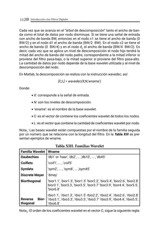Introducción a los Filtros Digitales
112≡
Cada vez que se avanza en el “árbol de descomposición” tanto el ancho de ban-
da como el total de datos por nodo disminuye. Si se tiene una señal de entrada
con ancho de banda BW, entonces en el nodo c1 se tiene el ancho de banda (0
BW/2) y en el nodo d1 el ancho de banda (BW/2 BW). En el nodo c2 se tiene el
ancho de banda (0 BW/4) y en el nodo d2
el ancho de banda (BW/4 BW/2). Es
decir, cada vez que se aplica un nivel de descomposición el nodo hijo tendrá la
mitad del ancho de banda del nodo padre, correspondiente a la mitad inferior si
proviene del filtro pasa-bajo, o la mitad superior si proviene del filtro pasa-alto.
La cantidad de datos por nodo depende de la base wavelet utilizada y al nivel de
descomposición del nodo.
En Matlab, la descomposición se realiza con la instrucción wavedec, así:
[C,L] = wavedec(X,N,'wname')
Donde:
• X: corresponde a la señal de entrada.
• N: son los niveles de descomposición.
• ‘wname’: es el nombre de la base wavelet.
• C: es el vector de contiene los coeficientes wavelet de todos los nodos.
• L: es el vector que contiene la cantidad de coeficientes wavelet por nodo.
Nota1
: Las bases wavelet están compuestas por el nombre de la familia seguida
por un número que se relaciona con la longitud del filtro. En la Tabla XIII se pre-
sentan ejemplos de wname.
Tabla XIII. Familias Wavelet
Familia Wavelet Wname
Daubechies
Coiflets
Symlets
Discrete Meyer
Biorthogonal
Reverse Bior-
thogonal
'db1' or 'haar', 'db2', ... ,'db10', ... , 'db45'
'coif1', ... , 'coif5'
'sym2', ... , 'sym8', ... ,'sym45'
'dmey'
'bior1.1', 'bior1.3', 'bior1.5' 'bior2.2', 'bior2.4', 'bior2.6', 'bior2.8'
bior3.1', 'bior3.3', 'bior3.5', 'bior3.7' 'bior3.9', 'bior4.4', 'bior5.5',
'bior6.8'
rbio1.1', 'rbio1.3', 'rbio1.5' rbio2.2', 'rbio2.4', 'rbio2.6', 'rbio2.8'
'rbio3.1', 'rbio3.3', 'rbio3.5', 'rbio3.7' 'rbio3.9', 'rbio4.4', 'rbio5.5',
'rbio6.8'
Nota2
: El orden de los coeficientes wavelet en el vector C, sigue la siguiente regla:
 