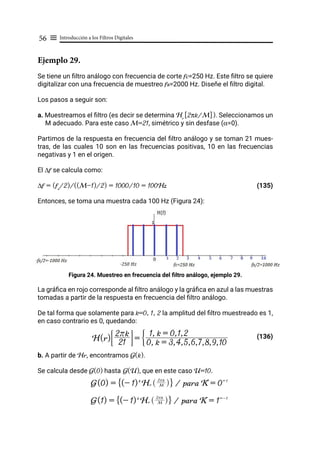 Introducción a los Filtros Digitales
56 ≡
Ejemplo 29.
Se tiene un filtro análogo con frecuencia de corte fc=250 Hz. Este filtro se quiere
digitalizar con una frecuencia de muestreo fs=2000 Hz. Diseñe el filtro digital.
Los pasos a seguir son:
a. Muestreamos el filtro (es decir se determina Hr
[2πk/M]). Seleccionamos un
M adecuado. Para este caso M=21, simétrico y sin desfase (α=0).
Partimos de la respuesta en frecuencia del filtro análogo y se toman 21 mues-
tras, de las cuales 10 son en las frecuencias positivas, 10 en las frecuencias
negativas y 1 en el origen.
El ∆f se calcula como:
∆f = (fs
/2)/((M-1)/2) = 1000/10 = 100Hz			 (135)
Entonces, se toma una muestra cada 100 Hz (Figura 24):
Figura 24. Muestreo en frecuencia del filtro análogo, ejemplo 29.
La gráfica en rojo corresponde al filtro análogo y la gráfica en azul a las muestras
tomadas a partir de la respuesta en frecuencia del filtro análogo.
De tal forma que solamente para k=0, 1, 2 la amplitud del filtro muestreado es 1,
en caso contrario es 0, quedando:
			 (136)
b. A partir de Hr, encontramos G(k).
Se calcula desde G(0) hasta G(U), que en este caso U=10.
H(r) 21
2rk
# & = 0, k = 3,4,5,6,7,8,9,10
1, k = 0,1,2
G
G(0) = (- 1)k
Hr M
2rk
R W
F I / para K = 0= 1
G(1) = (- 1)k
Hr M
2rk
R W
F I / para K = 1=-1
 