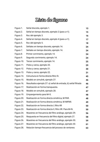 Lista de figuras
Figura 1. Señal discreta, ejemplo 1.
Figura 2. Señal en tiempo discreto, ejemplo 2 (para α<1).
Figura 3. Roc del ejemplo 3.
Figura 4. Señal en tiempo discreto, ejemplo 4 (para α<1).
Figura 5. Roc del ejemplo 5.
Figura 6. Señales en tiempo discreto, ejemplo 14.
Figura 7. Señales en tiempo discreto, ejemplo 14.
Figura 8. Primer corrimiento, ejemplo 14.
Figura 9. Segundo corrimiento, ejemplo 14.
Figura 10. Tercer corrimiento, ejemplo 14.
Figura 11. Polos y ceros, ejemplo 20.
Figura 12. Polos y ceros, ejemplo 21.
Figura 13. Polos y ceros, ejemplo 22.
Figura 14. Estructura en forma directa filtro fir.
Figura 15. Modelo en simulink, ejemplo 27.
Figura 16. Resultados ejemplo 27: a) señal de entrada, b) señal filtrada
Figura 17. Realización en forma transpuesta.
Figura 18. Modelo en simulink, ejemplo 28.
Figura 19. Emparejamiento para M=5.
Figura 20. Realización en forma directa simétrica, M PAR.
Figura 21. Realización en forma directa simétrica, M IMPAR.
Figura 22. Realización en forma directa I, filtro IIR
Figura 23. Realización en forma directa II, filtro IIR. Para M=N.
Figura 24. Muestreo en frecuencia del filtro análogo, ejemplo 29.
Figura 25. Respuesta en frecuencia del filtro digital, ejemplo 27.
Figura 26. Muestreo en frecuencia del filtro análogo, ejemplo 30.
Figura 27. Muestreo en frecuencia del filtro análogo, ejemplo 30.
Figura 28. Relación tiempo-frecuencia del proceso de ventaneo.
13
15
16
17
18
24
24
24
24
25
29
30
31
45
46
46
47
47
48
48
49
50
50
56
58
59
61
63
 