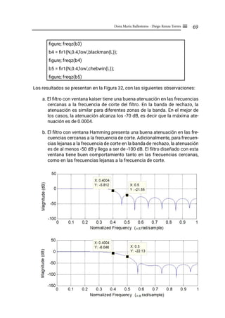 69
Dora María Ballesteros - Diego Renza Torres ≡
figure; freqz(b3)
b4 = fir1(N,0.4,'low',blackman(L));
figure; freqz(b4)
b5 = fir1(N,0.4,'low',chebwin(L));
figure; freqz(b5)
Los resultados se presentan en la Figura 32, con las siguientes observaciones:
a. El filtro con ventana kaiser tiene una buena atenuación en las frecuencias
cercanas a la frecuencia de corte del filtro. En la banda de rechazo, la
atenuación es similar para diferentes zonas de la banda. En el mejor de
los casos, la atenuación alcanza los -70 dB, es decir que la máxima ate-
nuación es de 0.0004.
b. El filtro con ventana Hamming presenta una buena atenuación en las fre-
cuencias cercanas a la frecuencia de corte. Adicionalmente, para frecuen-
cias lejanas a la frecuencia de corte en la banda de rechazo, la atenuación
es de al menos -50 dB y llega a ser de -100 dB. El filtro diseñado con esta
ventana tiene buen comportamiento tanto en las frecuencias cercanas,
como en las frecuencias lejanas a la frecuencia de corte.
 