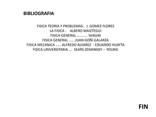 FISICA TEORIA Y PROBLEMAS: J. GOMEZ FLORES
LA FISICA : ALBERO MAIZTEGUI
FISICA GENERAL ………… SHAUM
FISICA GENERAL …….JUAN GOÑI GALARZA
FISICA MECANICA …… ALFREDO ALVAREZ - EDUARDO HUAYTA
FISICA UNIVERSITARIA …. SEARS ZEMANSKY -- YOUNG
BIBLIOGRAFIA
FIN
 