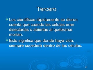 TerceroTercero
Los científicos rápidamente se dieronLos científicos rápidamente se dieron
cuenta que cuando las células erancuenta que cuando las células eran
disectadas o abiertas al quebrarsedisectadas o abiertas al quebrarse
morían.morían.
Esto significa que donde haya vida,Esto significa que donde haya vida,
siempre sucederá dentro de las células.siempre sucederá dentro de las células.
2121
 