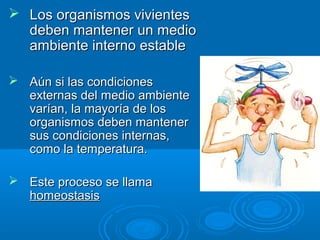  Los organismos vivientesLos organismos vivientes
deben mantener un mediodeben mantener un medio
ambiente interno estableambiente interno estable
 Aún si las condicionesAún si las condiciones
externas del medio ambienteexternas del medio ambiente
varían, la mayoría de losvarían, la mayoría de los
organismos deben mantenerorganismos deben mantener
sus condiciones internas,sus condiciones internas,
como la temperatura.como la temperatura.
 Este proceso se llamaEste proceso se llama
homeostasishomeostasis
 