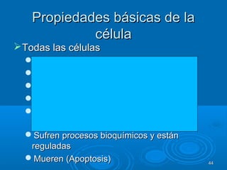 Propiedades básicas de laPropiedades básicas de la
célulacélula
Todas las célulasTodas las células
CrecenCrecen
Se reproducenSe reproducen
Usan energíaUsan energía
Se adaptanSe adaptan
Contienen material y responden al medioContienen material y responden al medio
ambiente (stimuli)ambiente (stimuli)
Sufren procesos bioquímicos y estánSufren procesos bioquímicos y están
reguladasreguladas
Mueren (Apoptosis)Mueren (Apoptosis) 4444
 