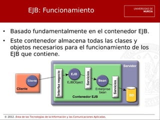 © 2012. Área de las Tecnologías de la Información y las Comunicaciones Aplicadas.
EJB: Funcionamiento
• Basado fundamentalmente en el contenedor EJB.
• Este contenedor almacena todas las clases y
objetos necesarios para el funcionamiento de los
EJB que contiene.
 