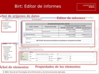 © 2012. Área de las Tecnologías de la Información y las Comunicaciones Aplicadas.
Birt: Editor de informes
Árbol de orígenes de datos
Editor de informes
Propiedades de los elementos
Árbol de elementos
 
