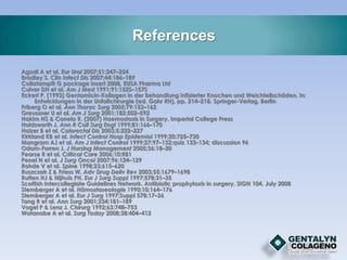 ReferencesAgodi A et al. EurUrol 2007;51:247–254Bradley S. Clin Infect Dis2007;44:186–189Collatamp® G package insert 2008, EUSA Pharma LtdCulver DH et al. Am J Med 1991;91:152S–157SEckert P. (1993) Gentamicin-Kollagen in derBehandlunginfizierterKnochen und Weichteilschäden. In: Entwicklungen in derUnfallchirurgie (ed. Gahr RH), pp. 214–218. Springer-Verlag, BerlinFriberg O et al. Ann ThoracSurg 2005;79:153–162 Greussner U et al. Am J Surg 2001;182:502–592Hakim NS & Canelo R. (2007) Haemostasis in Surgery. Imperial College PressHoldsworth J. Ann R CollSurgEngl 1999;81:166–170Holzer B et al. Colorectal Dis 2003;5:222–227Kirkland KB et al. Infect Control Hosp Epidemiol1999;20:725–730Mangram AJ et al. Am J Infect Control 1999;27:97–132;quiz 133–134; discussion 96Odom-Forren J. J Nursing Management 2005;36:18–20Pearse R et al. Critical Care 2006;10:R81Penel N et al. J SurgOncol2007;96:124–129Rohde V et al. Spine 1998;23:615–620 Ruszczak Z & Friess W. Adv Drug Deliv Rev 2003;55:1679–1698Rutten HJ & Nijhuis PH. Eur J SurgSuppl 1997;578:31–35Scottish Intercollegiate Guidelines Network. Antibiotic prophylaxis in surgery. SIGN 104. July 2008Stemberger A et al. Hämostaseologie 1990;10:164–176Stemberger A et al. Eur J Surg 1997;Suppl 578:17–26Tang R et al. Ann Surg 2001;234:181–189Vogel P & Lenz J. Chirurg 1992;63:748–753Watanabe A et al. Surg Today 2008;38:404–412