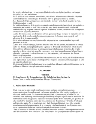 4
La hembra a la izquierda y el macho en el lado derecho son el plus (positivo) y el menos
(negativo) en cada ser humano.
En la mitad es visto como un hermafrodita, una criatura personificando el macho y hembra
combinado en uno como el signo de armonía entre el principio macho y hembra.
Los fluidos eléctricos y magnéticos son mostrados en rojo y azul, fluido eléctrico es rojo,
fluido magnético es azul.
La región de la cabeza de la hembra es eléctrica, por lo tanto rojo, la región de los genitales es
magnética por lo tanto es azul. Para el macho, pasa ser en orden invertido. Arriba del
hermafrodita hay un globo como un signo de la esfera de la tierra, arriba del cual el mago está
ilustrado con los cuatro elementos.
Arriba del macho, están los elementos activos, que son el fuego en rojo y el elemento aire en
azul. Arriba de la hembra están los elementos pasivos, el elemento agua en verde y el
elemento de la tierra en amarillo.
En la mitad del mago hay un globo de color púrpura oscuro, representando el signo del
principio de akasa.
Arriba de la cabeza del mago, con una invisible cinta por una corona, hay una flor de loto de
color oro dorado, blanco plateado como signo de su divinidad. En el interior, está la piedra
filosofal rojo rubí simbolizando la quintaesencia de toda la ciencia hermética. En el lado
derecho y detrás esta el sol, amarillo como oro y en el lado izquierdo vemos la luna, blanco
plateado, expresando el más y el menos en el macrocosmos y microcosmos, los fluidos
eléctricos y magnéticos.
Arriba de la flor de loto, la Creación ha sido simbolizada por una pelota, en el interior del cual
esta representada la pro creativa fuerza positiva y negativa las cuales permanecen para el acto
de creación del universo.
El eterno, el infinito, lo sin fronteras y lo no creado han sido expresado simbólicamente por la
palabra AUM en un color púrpura oscuro a negro.
INICIACION I
TEORIA
El Gran Secreto del Tetragrámaton o del Qabalistical Yod-He-Vau-He
Lema: Como es arriba también es abajo (Hermes Trismegistos)
1.- Acerca de los Elementos
Cada cosa que ha sido creada en el macrocosmos es igual como el microcosmos,
consecuentemente el mundo grande y el mundo pequeño han sido confeccionados por el
efecto de los elementos. Por esta razón, correcta desde el comienzo de la iniciación, yo
atenderé estos poderes y entrelíneas su profundidad y múltiples significados en particular. En
la literatura oculta muy poco ha sido dicho acerca del poder de los elementos, así que hice de
ello mi objetivo tratar este campo del conocimiento aun desconocido y levantar el velo que
cubrían estas reglas. No es en absoluto muy fácil iluminar al iniciado pues ellos no están
completamente informados acerca de la existencia y de la actividad de los elementos, pero
serán capaces de trabajar con estos poderes prácticamente en el futuro.
Todo el universo es similar a un reloj con todas sus ruedas en malla e interdependiente uno de
otro. Incluso la idea de la cabeza de Dios como la más alta y comprensible entidad puede ser
 