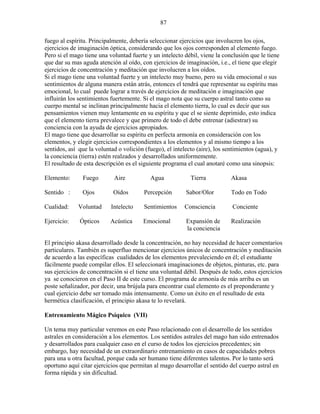 87
fuego al espíritu. Principalmente, debería seleccionar ejercicios que involucren los ojos,
ejercicios de imaginación óptica, considerando que los ojos corresponden al elemento fuego.
Pero si el mago tiene una voluntad fuerte y un intelecto débil, viene la conclusión que le tiene
que dar su mas aguda atención al oído, con ejercicios de imaginación, i.e., el tiene que elegir
ejercicios de concentración y meditación que involucren a los oídos.
Si el mago tiene una voluntad fuerte y un intelecto muy bueno, pero su vida emocional o sus
sentimientos de alguna manera están atrás, entonces el tendrá que representar su espíritu mas
emocional, lo cual puede lograr a través de ejercicios de meditación e imaginación que
influirán los sentimientos fuertemente. Si el mago nota que su cuerpo astral tanto como su
cuerpo mental se inclinan principalmente hacia el elemento tierra, lo cual es decir que sus
pensamientos vienen muy lentamente en su espíritu y que el se siente deprimido, esto indica
que el elemento tierra prevalece y que primero de todo el debe entrenar (adiestrar) su
conciencia con la ayuda de ejercicios apropiados.
El mago tiene que desarrollar su espíritu en perfecta armonía en consideración con los
elementos, y elegir ejercicios correspondientes a los elementos y al mismo tiempo a los
sentidos, así que la voluntad o volición (fuego), el intelecto (aire), los sentimientos (agua), y
la conciencia (tierra) estén realzados y desarrollados uniformemente.
El resultado de esta descripción es el siguiente programa el cual anotaré como una sinopsis:
Elemento: Fuego Aire Agua Tierra Akasa
Sentido : Ojos Oídos Percepción Sabor/Olor Todo en Todo
Cualidad: Voluntad Intelecto Sentimientos Consciencia Conciente
Ejercicio: Ópticos Acústica Emocional Expansión de Realización
la conciencia
El principio akasa desarrollado desde la concentración, no hay necesidad de hacer comentarios
particulares. También es superfluo mencionar ejercicios únicos de concentración y meditación
de acuerdo a las específicas cualidades de los elementos prevaleciendo en él; el estudiante
fácilmente puede compilar ellos. El seleccionará imaginaciones de objetos, pinturas, etc. para
sus ejercicios de concentración si el tiene una voluntad débil. Después de todo, estos ejercicios
ya se conocieron en el Paso II de este curso. El programa de armonía de más arriba es un
poste señalizador, por decir, una brújula para encontrar cual elemento es el preponderante y
cual ejercicio debe ser tomado más intensamente. Como un éxito en el resultado de esta
hermética clasificación, el principio akasa te lo revelará.
Entrenamiento Mágico Psíquico (VII)
Un tema muy particular veremos en este Paso relacionado con el desarrollo de los sentidos
astrales en consideración a los elementos. Los sentidos astrales del mago han sido entrenados
y desarrollados para cualquier caso en el curso de todos los ejercicios precedentes; sin
embargo, hay necesidad de un extraordinario entrenamiento en casos de capacidades pobres
para una u otra facultad, porque cada ser humano tiene diferentes talentos. Por lo tanto será
oportuno aquí citar ejercicios que permitan al mago desarrollar el sentido del cuerpo astral en
forma rápida y sin dificultad.
 