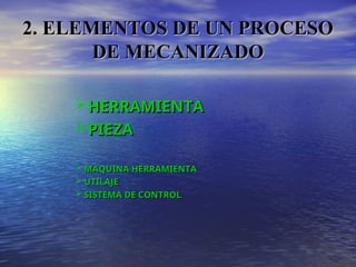 HERRAMIENTA
HERRAMIENTA
PIEZ
PIEZA
A
 MAQUINA HERRAMIENTA
MAQUINA HERRAMIENTA
 UTILAJE
UTILAJE
 SISTEMA DE CONTROL
SISTEMA DE CONTROL
2. ELEMENTOS DE UN PROCESO
2. ELEMENTOS DE UN PROCESO
DE MECANIZADO
DE MECANIZADO
 