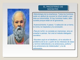 EL MAGISTERIO DE
EL MAGISTERIO DE
SOCRATES
SOCRATES
-Metodología de la enseñanza: Todos los hombres
están en aptitud de conocer la virtud (aretè) y que
ésta es transmisible. Si hay hombres malos, ellos
sucede porque están en la ignorancia.
-Autonocimiento: 4 pasos: 1) selección de un tema,
la ironía, la mayéutica y la conclusión.
-Para él, la Ed. no consiste en memorizar, sino en
enseñar a pensar. Así creó el método dialogado:
socrático.
-Sócrates cayó en el idealismo, al no estudiar el
problema de la ed. a partir de los intereses de clase
y terminó defendiendo a la aristocracia, prefería “
una aristocracia de intelectuales” y no de
adinerados.

 