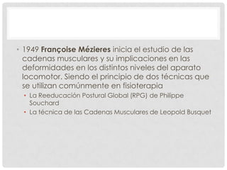 • 1949 Françoise Mézieres inicia el estudio de las
  cadenas musculares y su implicaciones en las
  deformidades en los distintos niveles del aparato
  locomotor. Siendo el principio de dos técnicas que
  se utilizan comúnmente en fisioterapia
 • La Reeducación Postural Global (RPG) de Philippe
   Souchard
 • La técnica de las Cadenas Musculares de Leopold Busquet
 