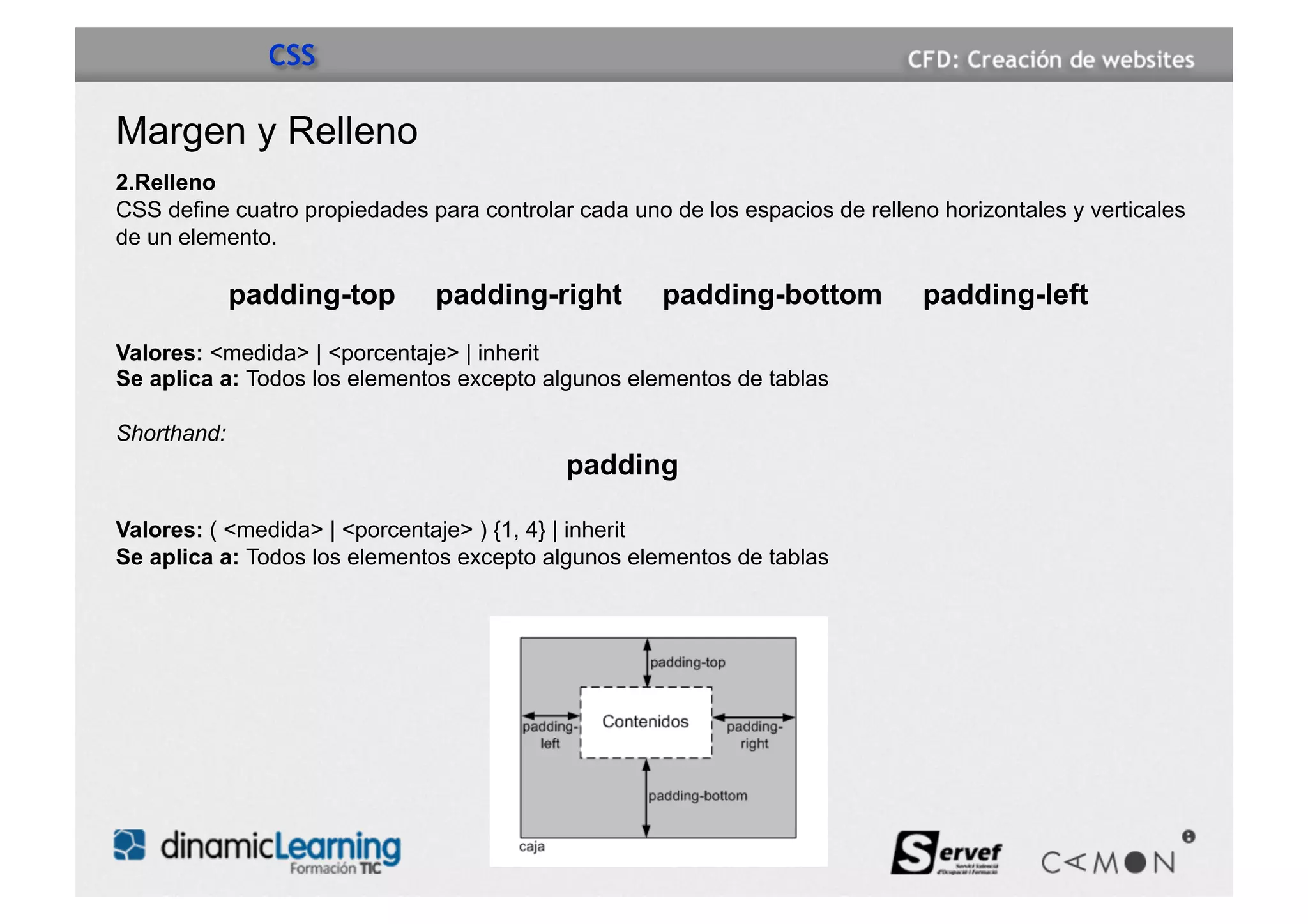 CSS

Margen y Relleno
2.Relleno
CSS define cuatro propiedades para controlar cada uno de los espacios de relleno horizontales y verticales
de un elemento.

             padding-top       padding-right          padding-bottom           padding-left
Valores: <medida> | <porcentaje> | inherit
Se aplica a: Todos los elementos excepto algunos elementos de tablas

Shorthand:
                                            padding

Valores: ( <medida> | <porcentaje> ) {1, 4} | inherit
Se aplica a: Todos los elementos excepto algunos elementos de tablas
 