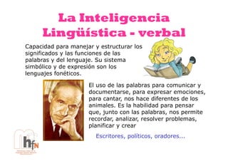 La Inteligencia
     Lingüística - verbal
Capacidad para manejar y estructurar los
significados y las funciones de las
palabras y del lenguaje. Su sistema
simbólico y de expresión son los
lenguajes fonéticos.

                     El uso de las palabras para comunicar y
                     documentarse, para expresar emociones,
                     para cantar, nos hace diferentes de los
                     animales. Es la habilidad para pensar
                     que, junto con las palabras, nos permite
                     recordar, analizar, resolver problemas,
                     planificar y crear
                        Escritores, políticos, oradores...
 