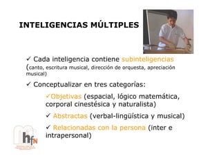 INTELIGENCIAS MÚLTIPLES



 !  Cada inteligencia contiene subinteligencias
 (canto, escritura musical, dirección de orquesta, apreciación
 musical)

 !  Conceptualizar en tres categorías:
         !  bjetivas (espacial, lógico matemática,
          O
         corporal cinestésica y naturalista)
         !  Abstractas (verbal-lingüística y musical)
         !  Relacionadas con la persona (inter e
         intrapersonal)
 