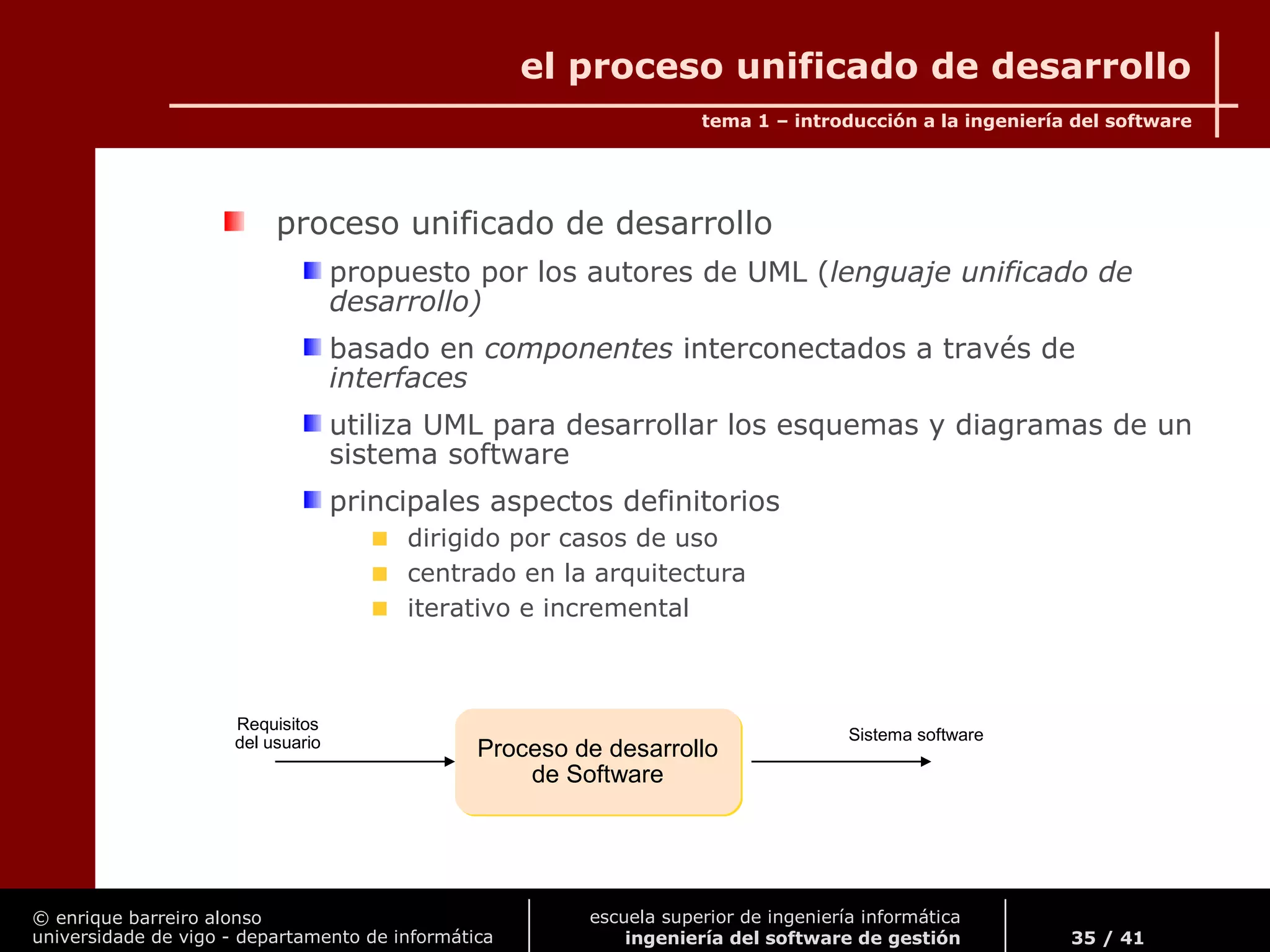 © enrique barreiro alonso
universidade de vigo - departamento de informática
tema 1 – introducción a la ingeniería del software
35 / 41
escuela superior de ingeniería informática
ingeniería del software de gestión
el proceso unificado de desarrollo
proceso unificado de desarrollo
propuesto por los autores de UML (lenguaje unificado de
desarrollo)
basado en componentes interconectados a través de
interfaces
utiliza UML para desarrollar los esquemas y diagramas de un
sistema software
principales aspectos definitorios
dirigido por casos de uso
centrado en la arquitectura
iterativo e incremental
Proceso de desarrollo
de Software
Proceso de desarrollo
de Software
Requisitos
del usuario Sistema software
 
