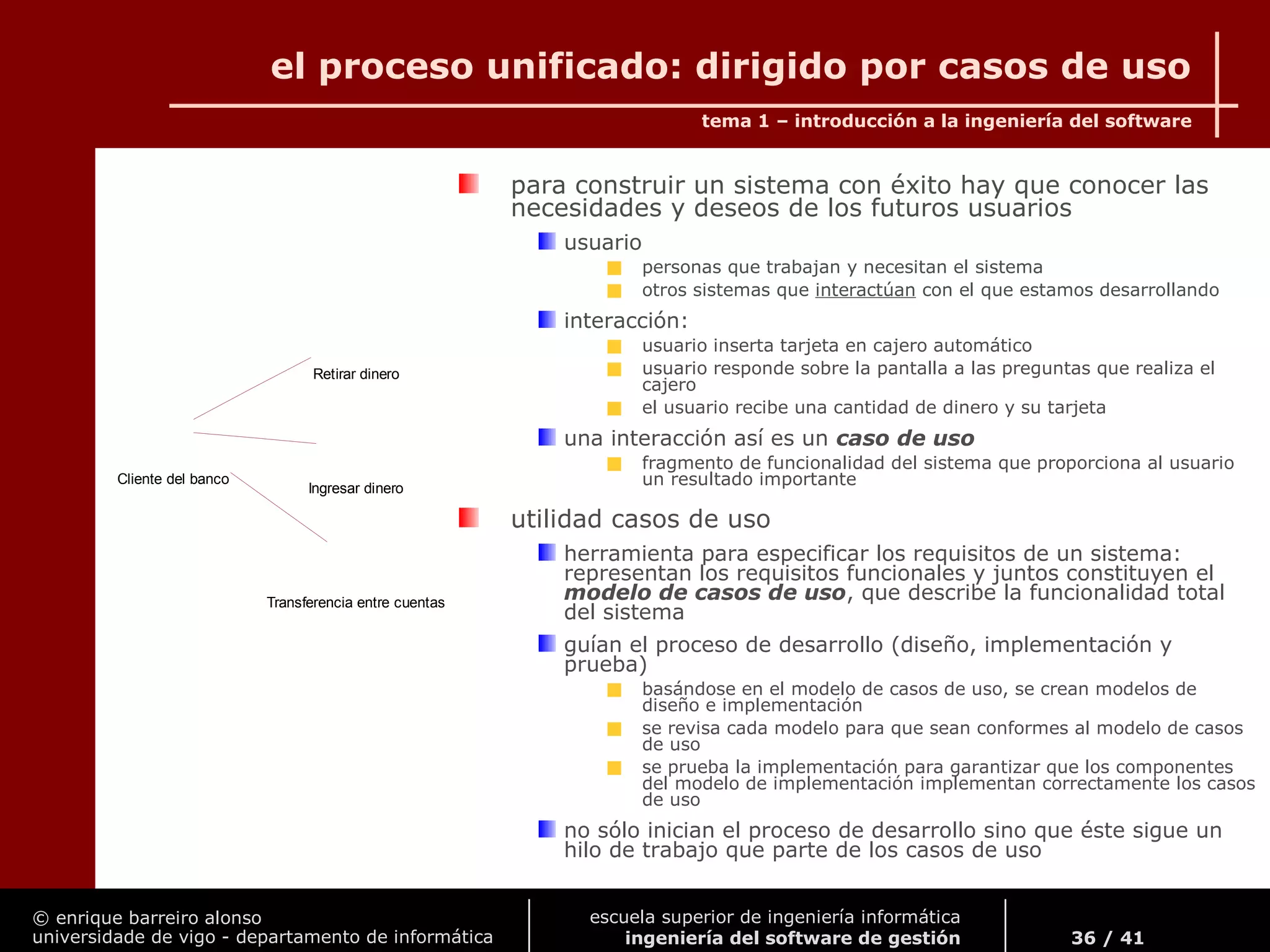 © enrique barreiro alonso
universidade de vigo - departamento de informática
tema 1 – introducción a la ingeniería del software
36 / 41
escuela superior de ingeniería informática
ingeniería del software de gestión
el proceso unificado: dirigido por casos de uso
para construir un sistema con éxito hay que conocer las
necesidades y deseos de los futuros usuarios
usuario
personas que trabajan y necesitan el sistema
otros sistemas que interactúan con el que estamos desarrollando
interacción:
usuario inserta tarjeta en cajero automático
usuario responde sobre la pantalla a las preguntas que realiza el
cajero
el usuario recibe una cantidad de dinero y su tarjeta
una interacción así es un caso de uso
fragmento de funcionalidad del sistema que proporciona al usuario
un resultado importante
utilidad casos de uso
herramienta para especificar los requisitos de un sistema:
representan los requisitos funcionales y juntos constituyen el
modelo de casos de uso, que describe la funcionalidad total
del sistema
guían el proceso de desarrollo (diseño, implementación y
prueba)
basándose en el modelo de casos de uso, se crean modelos de
diseño e implementación
se revisa cada modelo para que sean conformes al modelo de casos
de uso
se prueba la implementación para garantizar que los componentes
del modelo de implementación implementan correctamente los casos
de uso
no sólo inician el proceso de desarrollo sino que éste sigue un
hilo de trabajo que parte de los casos de uso
Retirar dinero
Ingresar dinero
Cliente del banco
Transferencia entre cuentas
 