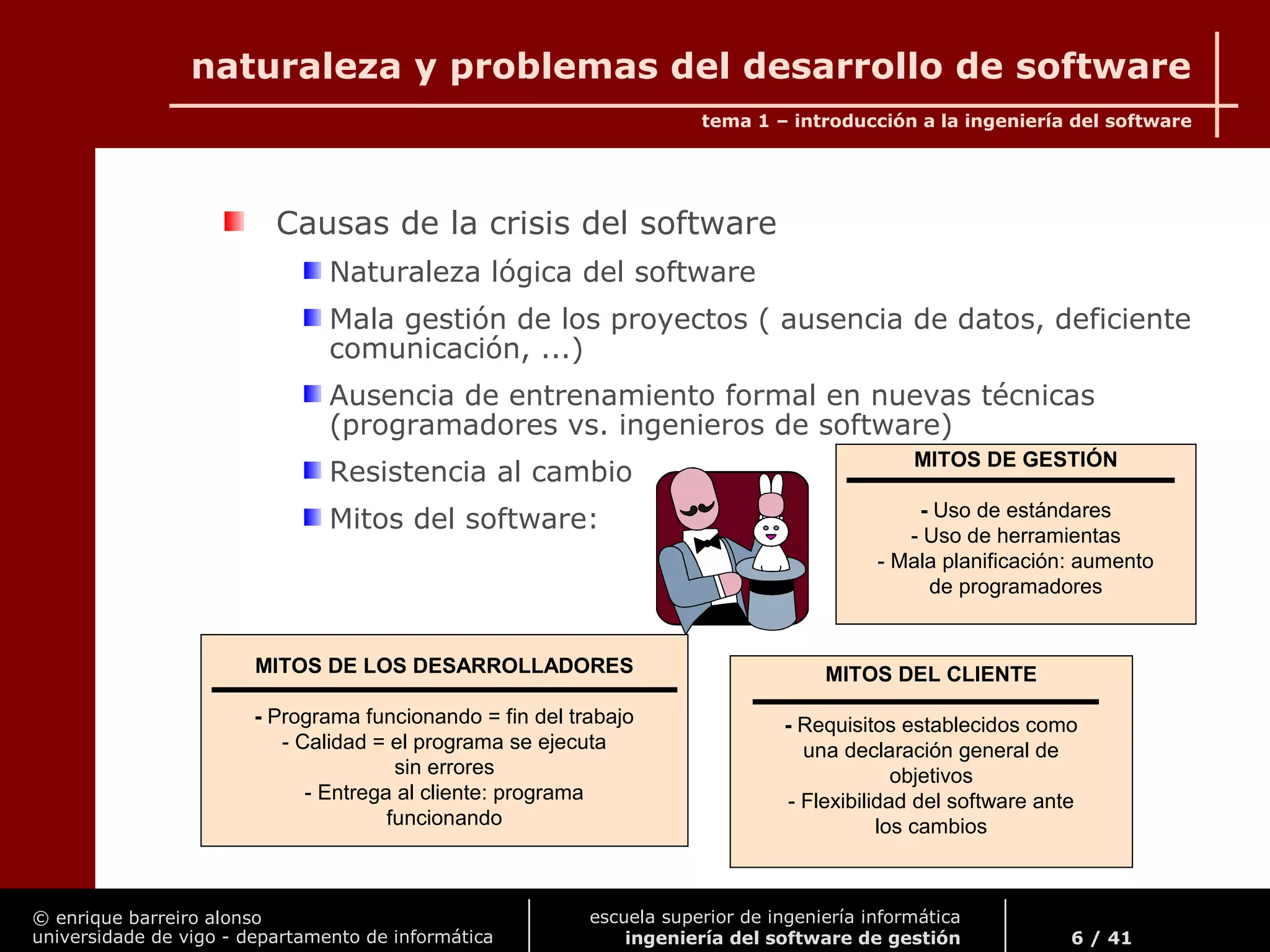 © enrique barreiro alonso
universidade de vigo - departamento de informática
tema 1 – introducción a la ingeniería del software
6 / 41
escuela superior de ingeniería informática
ingeniería del software de gestión
naturaleza y problemas del desarrollo de software
Causas de la crisis del software
Naturaleza lógica del software
Mala gestión de los proyectos ( ausencia de datos, deficiente
comunicación, ...)
Ausencia de entrenamiento formal en nuevas técnicas
(programadores vs. ingenieros de software)
Resistencia al cambio
Mitos del software:
MITOS DEL CLIENTE
- Requisitos establecidos como
una declaración general de
objetivos
- Flexibilidad del software ante
los cambios
MITOS DE GESTIÓN
- Uso de estándares
- Uso de herramientas
- Mala planificación: aumento
de programadores
MITOS DE LOS DESARROLLADORES
- Programa funcionando = fin del trabajo
- Calidad = el programa se ejecuta
sin errores
- Entrega al cliente: programa
funcionando
 