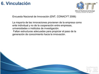 Campus Estado de México
Encuesta Nacional de Innovación (ENT, CONACYT 2006)
La mayoría de las innovaciones provienen de la empresa como
ente individual y no de la cooperación entre empresas,
universidades o institutos de investigación.
Faltan estructuras adecuadas para propiciar el paso de la
generación de conocimiento hacia la innovación.
6. Vinculación
 