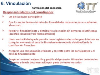 Campus Estado de México
 Las de cualquier participante
 Que los socios lleven a término las formalidades necesarias para su adhesión
al contrato
 Recibir el financiamiento y distribuirlo a los socios sin demoras injustificadas
(acuerdo consorcio y de financiamiento)
 Llevar contabilidad que le permita tener registros adecuados para informar en
cualquier momento al ente de financiamiento sobre la distribución de la
contribución financiera
 Asegurar una comunicación eficiente y correcta entre los participantes y el
ente de financiamiento
 Asegurar la correcta ejecución y gestión del proyecto. Obtención de todos los
informes y demás documentación por parte de todos los socios
Responsabilidades del coordinador
Formación del consorcioFormación del consorcio
6. Vinculación
 