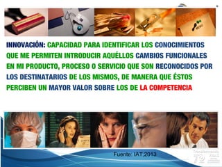 Campus Estado de México
INNOVACIÓN: CAPACIDAD PARA IDENTIFICAR LOS CONOCIMIENTOS
QUE ME PERMITEN INTRODUCIR AQUÉLLOS CAMBIOS FUNCIONALES
EN MI PRODUCTO, PROCESO O SERVICIO QUE SON RECONOCIDOS POR
LOS DESTINATARIOS DE LOS MISMOS, DE MANERA QUE ÉSTOS
PERCIBEN UN MAYOR VALOR SOBRE LOS DE LA COMPETENCIA
Fuente: IAT,2013
 