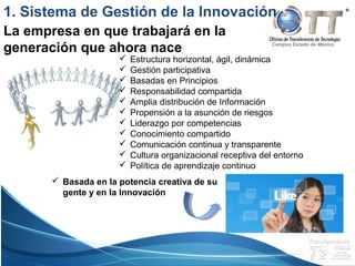 Campus Estado de México
 Estructura horizontal, ágil, dinámica
 Gestión participativa
 Basadas en Principios
 Responsabilidad compartida
 Amplia distribución de Información
 Propensión a la asunción de riesgos
 Liderazgo por competencias
 Conocimiento compartido
 Comunicación continua y transparente
 Cultura organizacional receptiva del entorno
 Política de aprendizaje continuo
1. Sistema de Gestión de la Innovación
La empresa en que trabajará en la
generación que ahora nace
 Basada en la potencia creativa de su
gente y en la Innovación
 