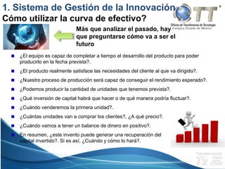 Campus Estado de México
¿El equipo es capaz de completar a tiempo el desarrollo del producto para poder
producirlo en la fecha prevista?.
¿El producto realmente satisface las necesidades del cliente al que va dirigido?.
¿Nuestro proceso de producción será capaz de conseguir el rendimiento esperado?.
¿Podemos producir la cantidad de unidades que tenemos prevista?.
¿Qué inversión de capital habrá que hacer o de qué manera podría fluctuar?.
¿Cuándo venderemos la primera unidad?.
¿Cuántas unidades van a comprar los clientes?, ¿A qué precio?.
¿Cuándo vamos a tener un balance de dinero en positivo?.
En resumen, ¿este invento puede generar una recuperación del
capital invertido?. Si es así, ¿Cuándo y cómo lo hará?.
Más que analizar el pasado, hay
que preguntarse cómo va a ser el
futuro
1. Sistema de Gestión de la Innovación
Cómo utilizar la curva de efectivo?
 