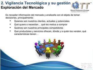 Campus Estado de México
Es recopilar información del mercado y analizarla con el objeto de tomar
decisiones, principalmente:
 Quienes son nuestros clientes, actuales y potenciales
 Qué quiero o necesitan… qué los motiva a comprar
 Quiénes son nuestros principales competidores
 Qué productores y servicios ofrecen, dónde y a quién los venden, qué
características tienen…
Exploración del Mercado
2. Vigilancia Tecnológica y su gestión
 