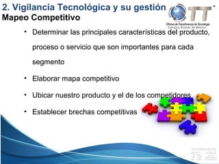 Campus Estado de México
• Determinar las principales características del producto,
proceso o servicio que son importantes para cada
segmento
• Elaborar mapa competitivo
• Ubicar nuestro producto y el de los competidores
• Establecer brechas competitivas
Mapeo Competitivo
2. Vigilancia Tecnológica y su gestión
 