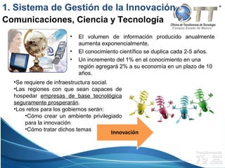 Campus Estado de México
• El volumen de información producido anualmente
aumenta exponencialmente,
• El conocimiento científico se duplica cada 2-5 años.
• Un incremento del 1% en el conocimiento en una
región agregará 2% a su economía en un plazo de 10
años.
1. Sistema de Gestión de la Innovación
Comunicaciones, Ciencia y Tecnología
•Se requiere de infraestructura social.
•Las regiones con que sean capaces de
hospedar empresas de base tecnológica
seguramente prosperarán.
•Los retos para los gobiernos serán:
•Cómo crear un ambiente privilegiado
para la innovación
•Cómo tratar dichos temas
 