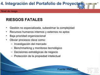 Campus Estado de México
Nivel de riesgo
RIESGOS FATALES
• Gestión no especializada, subestimar la complejidad
• Recursos humanos internos y externos no aptos
• Baja prioridad organizacional
• Obviar procesos clave como:
– Investigación del mercado
– Benchmarking y monitoreo tecnológico
– Decisiones estratégicas de negocio
– Protección de la propiedad intelectual
4. Integración del Portafolio de Proyectos
Fuente: PNT,2011
 