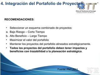 Campus Estado de México
RECOMENDACIONES:
• Seleccionar un esquema combinado de proyectos:
a. Bajo Riesgo – Corto Tiempo
b. Alto Beneficio – Largo Tiempo
• Maximizar el valor del portafolio
• Mantener los proyectos del portafolio alineados estratégicamente.
• Todos los proyectos del portafolio deben tener impactos y
beneficios con trazabilidad a la planeación estratégica.
Fuente: PNT,2011
4. Integración del Portafolio de Proyectos
 