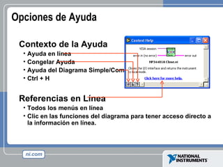 Opciones de Ayuda Contexto de la Ayuda Ayuda en línea Congelar Ayuda Ayuda del Diagrama Simple/Complejo Ctrl + H Referencias en Línea Todos los menús en línea Clic en las funciones del diagrama para tener acceso directo a la información en línea. 