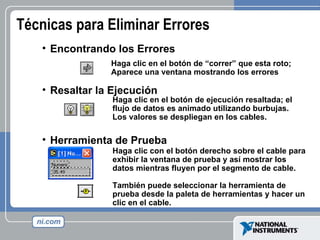 Técnicas para Eliminar Errores Encontrando los Errores Resaltar la Ejecución Herramienta de Prueba Haga clic en el botón de “correr” que esta roto; Aparece una ventana mostrando los errores Haga clic en el botón de ejecución resaltada; el flujo de datos es animado utilizando burbujas. Los valores se despliegan en los cables. Haga clic con el botón derecho sobre el cable para exhibir la ventana de prueba y así mostrar los datos mientras fluyen por el segmento de cable. También puede seleccionar la herramienta de prueba desde la paleta de herramientas y hacer un clic en el cable. 