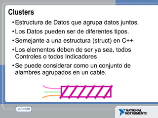 Clusters   Estructura de Datos que agrupa datos juntos. Los Datos pueden ser de diferentes tipos. Semejante a una estructura (struct) en C++ Los elementos deben de ser ya sea, todos Controles o todos Indicadores Se puede considerar como un conjunto de alambres agrupados en un cable. 