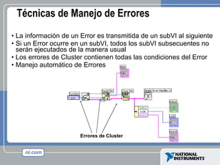 Técnicas de Manejo de Errores La información de un Error es transmitida de un subVI al siguiente Si un Error ocurre en un subVI, todos los subVI subsecuentes no serán ejecutados de la manera usual Los errores de Cluster contienen todas las condiciones del Error Manejo automático de Errores Errores de Cluster 